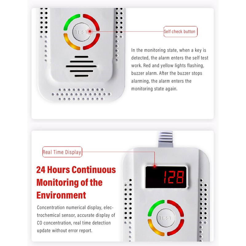 CO Gas Alarm Digital Display High Sensitivity Sound Light Warning