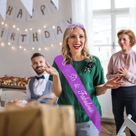 Ardusnpe 50th Birthday Crown and Sash for Women, Purple, Baroque Style, Alloy and Rhinestone, Female, 50th Birthday Celebrants