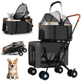 Double Pet Stroller for Dogs and Cats: Dog Stroller Foldable Travel Carriage with Detachable Carriers, Safety Belts, and 4 Lockable Wheels for Small to Medium Pets – Ideal for Multi-Pet Homes (Black)