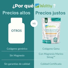 Wellthy Colageno con Magnesio y Acido Hialuronico 120 Capsulas. 100% Natural, Peptidos de Colageno hidrolizado Genu-In, Magnesio Marino Francés SIMAG,