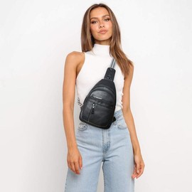 7L Sling Bag For Women Men Backpack Fanny Pack Crossbody Chest Travel Shoulder Women's Belt Bags Purse Handbag PU Leather Zipper Compact:_Black W/ Brown Trim