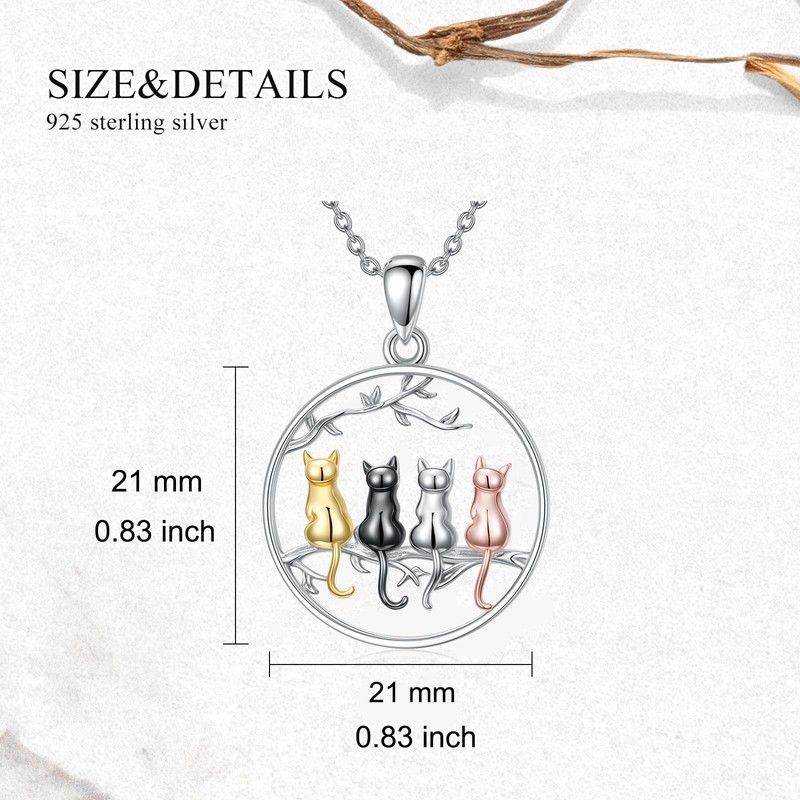 LONAGO Four Cats Tree Pendant Necklace Cat Necklace Sterling Silver