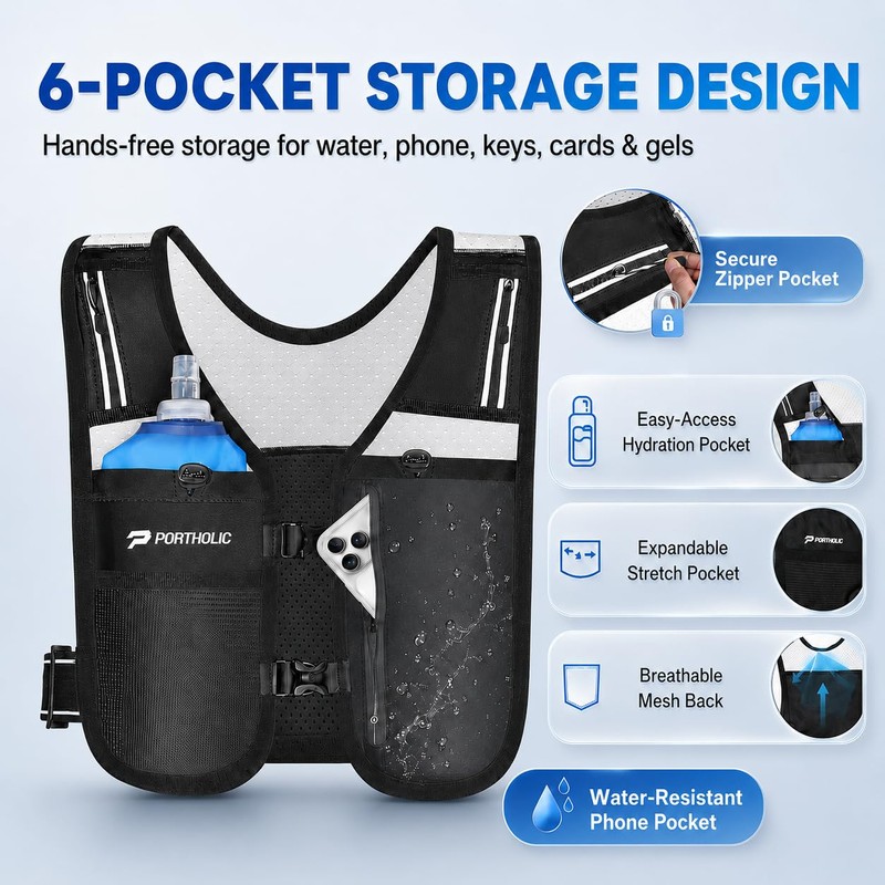 PORTHOLIC Hydration Running Vest for Women Men, Adjustable Hydration Vest