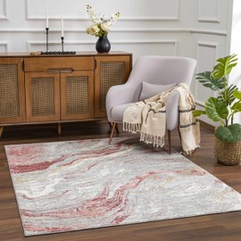 Hauteloom Liverpool Modern Abstract Bedroom Living Room Area Rug - Marble Swirl Pattern - Contemporary Bohemian Farmhouse - Pink, Red, Grey, Off White - 5'3" x 7'