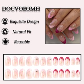 DOCVOEOMH French Pink Almond Press on Nails Short Oval Fake Nails Diamonds Full Cover Glue on Nails with Star Design Acrylic Artificial Nails Glossy Stick on Nails for Women and Girls 24PCS in 12 Size