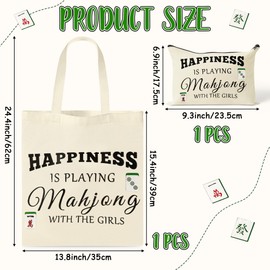 GioXtra Funny Mahjong Tote Makeup Bag Set - 2Pcs Happiness Mahjong Gifts Tote Shoulder Bag Travel Toiletry Zipper Cosmetic Organizer Pen Purse Pouch for Game Lover Player Women Birthday Gift Supplies