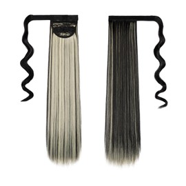 Dcbaboo Ponytail Hairpiece Braid Extensions Straight Long 55 cm Wrapped Ponytail Extension Hair Extension Braid Clip in Synthetic Straight Ponytail Extension Synthetic Hair, Black & Bleach Blonde