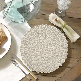 Handmade Round Beaded Placemat for Dining Table - 13 Inches Table Mat for Gathering, Occasional Decoration and Family Parties Celebrations - White/Silver