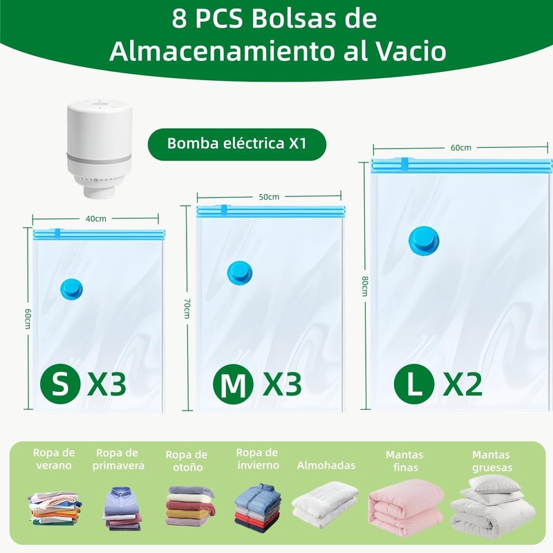 8 Piezas Bolsas de Almacenamiento al Vacío con Bomba Eléctrica