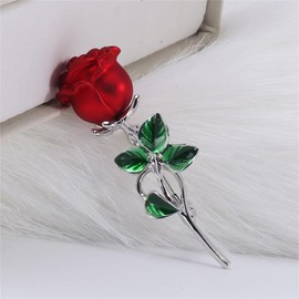 Red Rose Flower Brooch for Women Girls Cute Floral Green Leaf Lapel Pin Accessories Boutonniere Corsage for Hat Bag Suit Tie for Party Dance Wedding Banquet Jewelry (Silver)