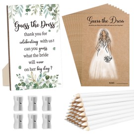 Guess The Dress Bridal Shower Games Include Wooden Table Sign 50 Couple Shower Cards&White Pencils 10 Pencil Sharpeners for Guests Wedding Decorations Bachelorette Engagement Party (Bridal Long Hair)