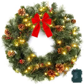24 Inch Christmas Wreath for Front Door, IP44 Battery Operated 50 Pre-lit LED Christmas Wreaths with Pinecones Pine Needles Branches Red Berry Mini Bow, X-Mas Collection for Front Door Wall Window