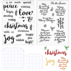 4 Pieces Words Christmas Clear Stamps Set Silicone Greeting Stamps Sentiments Merry Christmas Crafts Acrylic Blocks Tools with Grid Lines for Card Making Decor DIY Scrapbooking