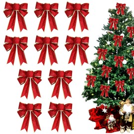 BTGGG 10 Pieces Bows for Presents Christmas Bows Xmas Tree Ornaments Glitter Bowknot Ribbon Christmas Decorations for Presents Box, Party, 25 * 20CM (Red)