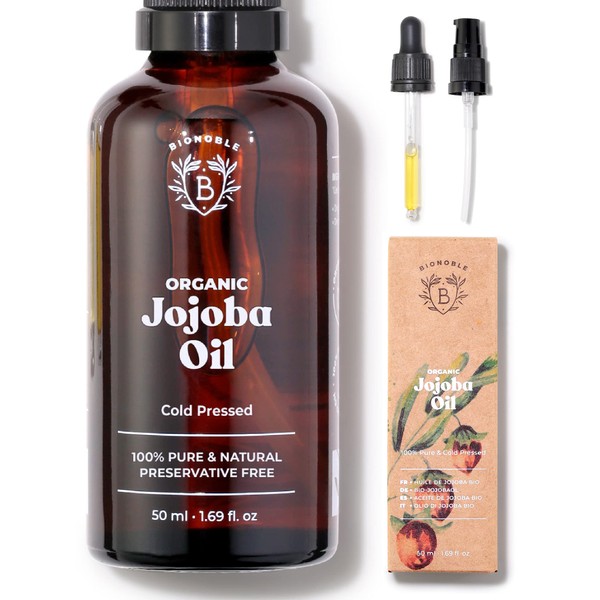 Bionoble Organic Jojoba Oil 50ml - 100% Pure, Natural and Cold Pressed - Face, Body, Hair, Beard, Nails - Vegan and Cruelty Free - Glass Bottle + Pipette + Pump