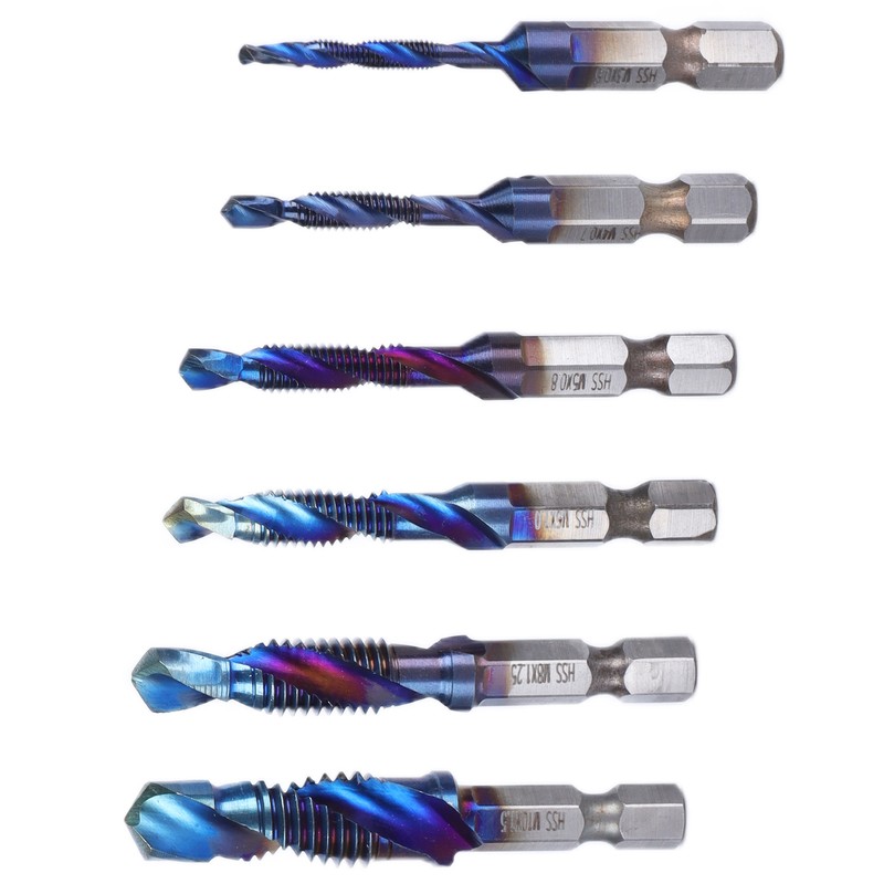 6pcs Spiral Tap Drill Bit Set Blue Plating Coating Hex