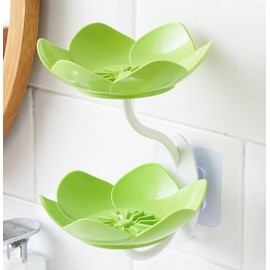 Soap Dish Holder for Shower Bar Double Layer Cute Lotus Shape Adhesive Tray Sink Wall Mounted Shampoo NO-Drilling Self Draining Hanging Saver Rack Plastic Bathroom Bathtub Kitchen，Green