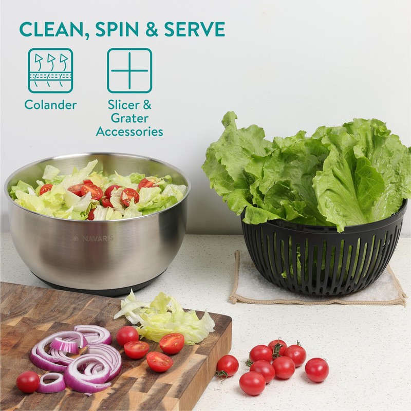 Navaris Salad Spinner with Lid - Salad Spinner Stainless Steel