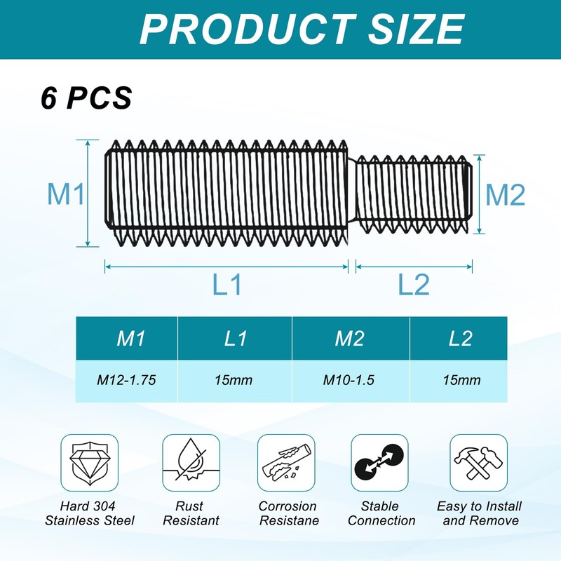 PATIKIL M10x15 to M12x15 Double End Threaded Stud Screw Bolt,