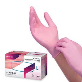 TRONEX 9672 Nitrile Disposable Gloves, Medical Grade Exam Gloves, Chemo Rated, Fingertip Textured, Powder Free, Latex Free, Pink, Large, Box of 200
