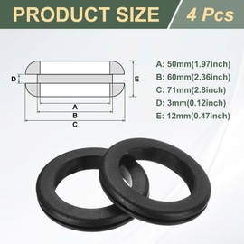 sourcing map 4Pcs Rubber Grommets 2 ID, 2-3/8 Drill Hole, Firewall Grommet Automotive Rubber Hole Eyelet Ring Gasket for Wire Cable Hose Protection, Metal Electric Box, (50x60mm, Black)