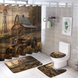 Denruny 4 Pcs Vintage Watercolor Old Tractor Shower Curtain 12 Hooks, Oil Painting Western Farmhouse Harvest Farm Sunflower Tractor Bathroom Set Shower Mat Shower Curtain Rug