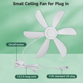 Roodike 22.5" Plug in Ceiling Fan for Outdoor Gazebo Patio Canopy Tent, 13.2 Ft Long Cord with on/off Button