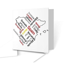 The Victorian Printing Co - Greeting Card showing a Trendy Outline Map design of Spain and its Major Cities - Square Greeting Card