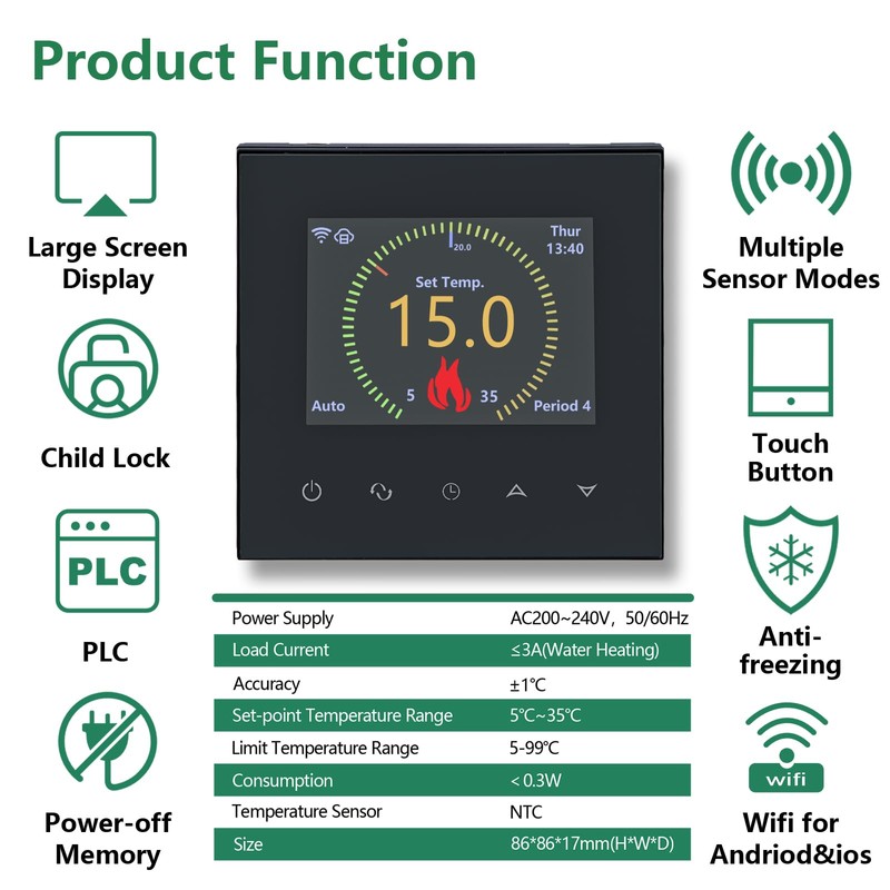 Wengart WiFi Thermostat WG380, AC230 V Colour TFT LCD Display,