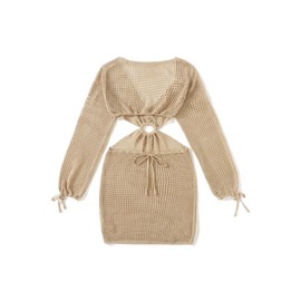 MakeMeChic Women's Plus Size Crochet Cover Up Long Sleeve Knitted Swim Beach Cover Up Dress Swimwear Plus Apricot 5XL