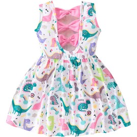 Popshion Girls Dinosaur Dress Baby Girls' Dresses Summer Dinosaur Clothes Toddler Swing Dino Sleeveless Dresses Dinosaur Party Outfit 5-6T White/1300