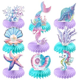 9Pcs Mermaid Party Decorations Supplies, Mermaid Centerpieces Tables, Mermaid Honeycomb Table Decorations Centrepiece For Girls Birthday Baby Shower Party Decor