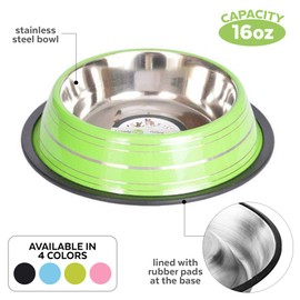 Iconic Pet Elegant 2 Pack Stainless Steel Color Splash Food/Water Bowls with Non Skid Noise Free Rubber Base