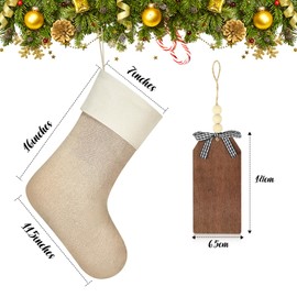 Realspring 4 Pieces 16 Inches Christmas Stocking with Wooden Name Tags Large Christmas Stocking with Buffalo Plaid Wooden Hanging Xmas Stockings Bows Beads for Christmas Decoration (White)