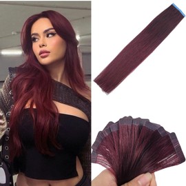 Burgundy Tape in Hair Extensions Human Hair Seasmless 18 Inch Tape in Real Human Hair Extensions for Girls
