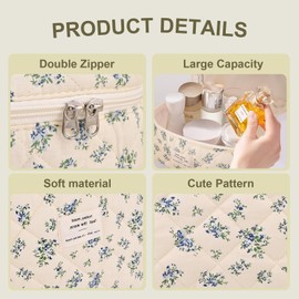 GISMTR 3Pcs Cotton Quilted Makeup Bag Large Travel Cosmetic Bag Coquette Makeup Pouch Cute Aesthetic Floral Toiletry Bag for Women Girls, flower-P, Cute