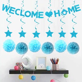 bng-bng Welcome Home Decorations Blue With Welcome Home Bunting Banner Star Swirls Tissue Pom Poms For Welcome Family Home Party Decorations Party Supplies