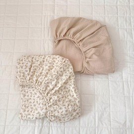 BuLuTu 2 Pack Muslin Fitted Portable/Mini Crib Mattresses Sheets 38"x26", Soft Cotton Pack and Play Mattress Sheets Fitted for Pack N Play, Machine Washable, Beige & Camellia