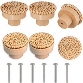 6 Pcs Wooden Drawer Knobs with 6 Pcs Screws, 4 X 3.5 Cm Wooden Door Knobs, Vintage Boho Rattan Cabinet Knobs, Round Wooden Drawer Handles for Cabinets Dresser Handles Wood Furniture Knobs Home Decor