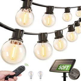addlon 50FT Solar String Lights Outdoor with Remote, 27 Shatterproof G40 Bulbs, Solar Powered & USB Charging Patio Lights, Dimmable Waterproof Solar Lights Outdoor for Camping, Backyard, Party Decor