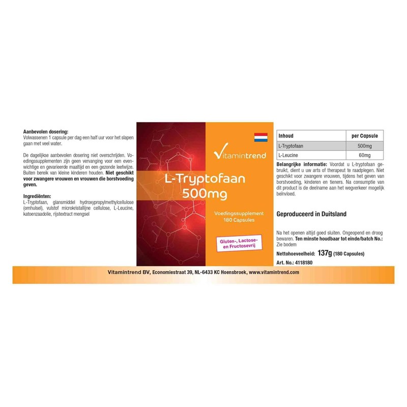 L-Tryptophan 500 mg - 180 Capsules - Vegan - Bulk