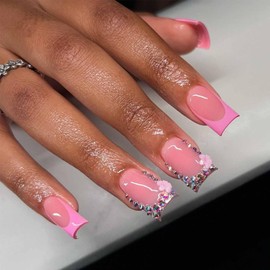 LBPEPAMZ 24Pcs Pink Press on Nails Medium Square Fake Nails with Colorful Rhinestones Charm Designs Pink French Tips False Nails Flower Solid Color Full Cover Stick on Nails for Women Spring Wear