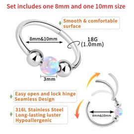 VCMART Nose Rings Set for Women Men Hypoallergenic Stainless Steel L-Shaped Nose Studs 18G White Opal Hinged Small Silver Hoops for Nostril Septum Cartilage Helix Rook 2nd/3rd Earlobe Lip Piercings