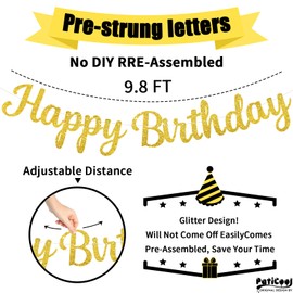 PatiCool Gold Happy Birthday Banner, Pre-Strung Glitter Gold Happy Birthday Sign, 10 Feet, NO DIY, Happy Birthday Letter, Happy Birthday Garland for Women Men Birthday Party Decorations Supplies
