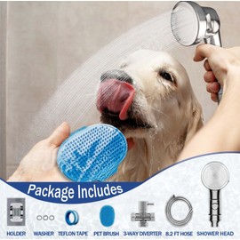 Dog Shower Attachment for Convenient Dog Bath, 3-mode High Pressure Handheld Dog Shower Head, Indoor Shower Dog Wash Sprayer Kit Includes 8.2-Foot Hose, 3-way Diverter, Dog Brush and Adhesive Holder
