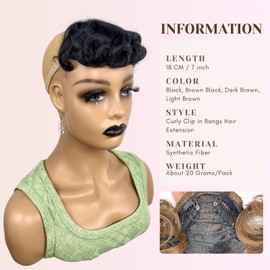 VAVANGA Curly Bangs Clip in, Black French Bangs Clip on Wispy Bangs Natural Curly Air Bangs Thick Fake Fringe Bangs Hair Piece for Women(Black)