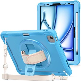 for iPad Air 11-inch 7th (M3) 2025/ 6th (M2) 2024/ Air 5th / 4th Gen 10.9"/ iPad Pro 11" 4th/3rd/2nd/1st Gen, Heavy Duty Shockproof Cover with Hand Strap 360 Degree Rotatable Kickstand -Black:_Blue