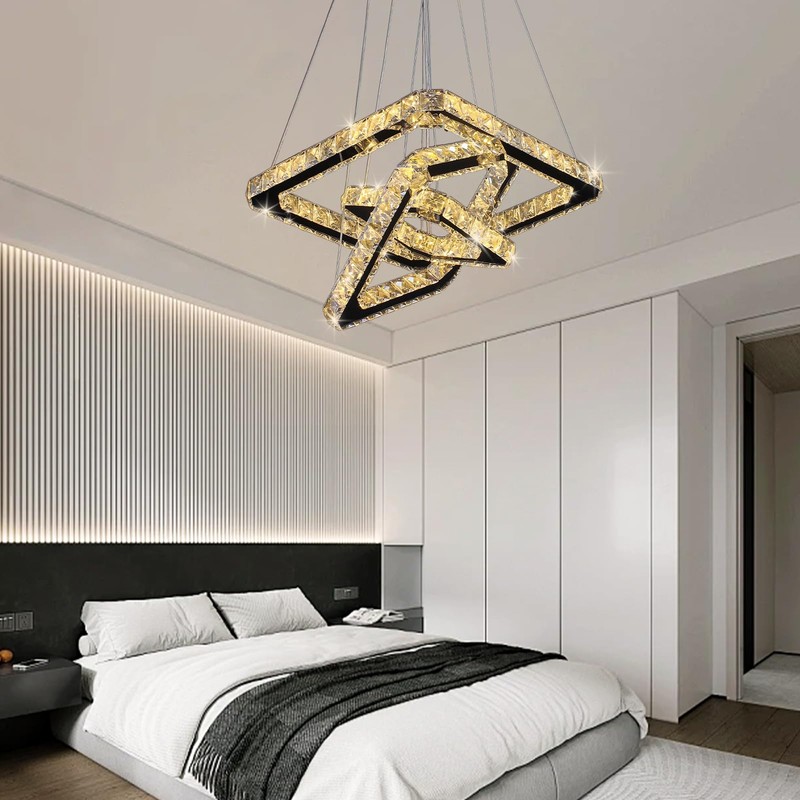 diisunbihuo Modern Crystal Chandeliers LED Square 3-Rings Chandelier Pendant Lights