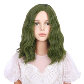 WAVELNM Kids Green Wig Matcha Green Curly Wavy Child Wig Girls Light Green Wig Short Bob Wig for Kids Side Part Wig Synthetic Wigs with Wig Cap