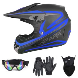 Youth Adult Dirt Bike ATV Helmet Motocross Anti-Collision Full Face Motorcycle DOT Approved BMX Downhill Off-Road Mountain Bike Helmet with SUV Goggles Gloves Face Shield (Blue, X-Large)